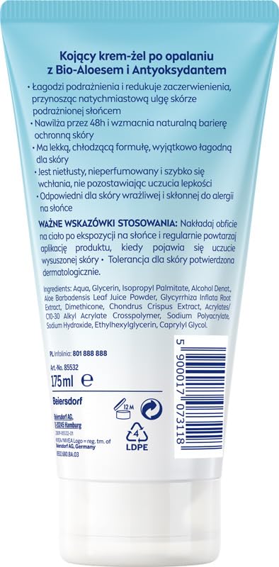 NIVEA Sun Sensitive After Sun SOS Cream-Gel for Face and Body 175 ml – Cooling Hydration with Organic Aloe Vera and Antioxidants, Fast-Absorbing Formula for Dry, Stressed or Sensitive Skin