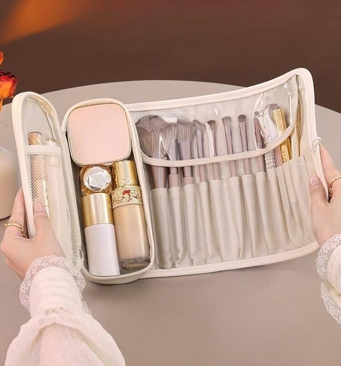 Luxury Leather Makeup Brush Case, Professional Cosmetic Organizer Roll Bag, Travel Storage for Home and Work (pink)