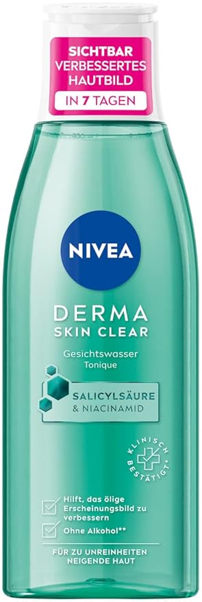 NIVEA Derma Skin Clear Facial Toner Cleansing Solution for Problem-Prone Skin, Vegan Formula with Niacinamide and Salicylic Acid, Alcohol-Free Daily Skin Care Toner, 6.76 fl oz (200 ml)