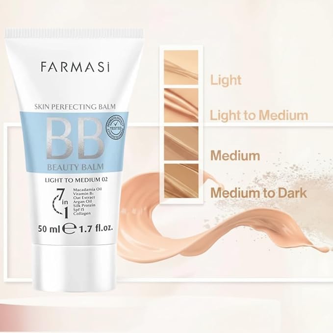 FARMASi BB Cream Beauty Balm, Tinted Moisturizer with SPF 15, Lightweight Matte Finish, Buildable Coverage Face Makeup, 1.7 fl oz, 02 Light to Medium