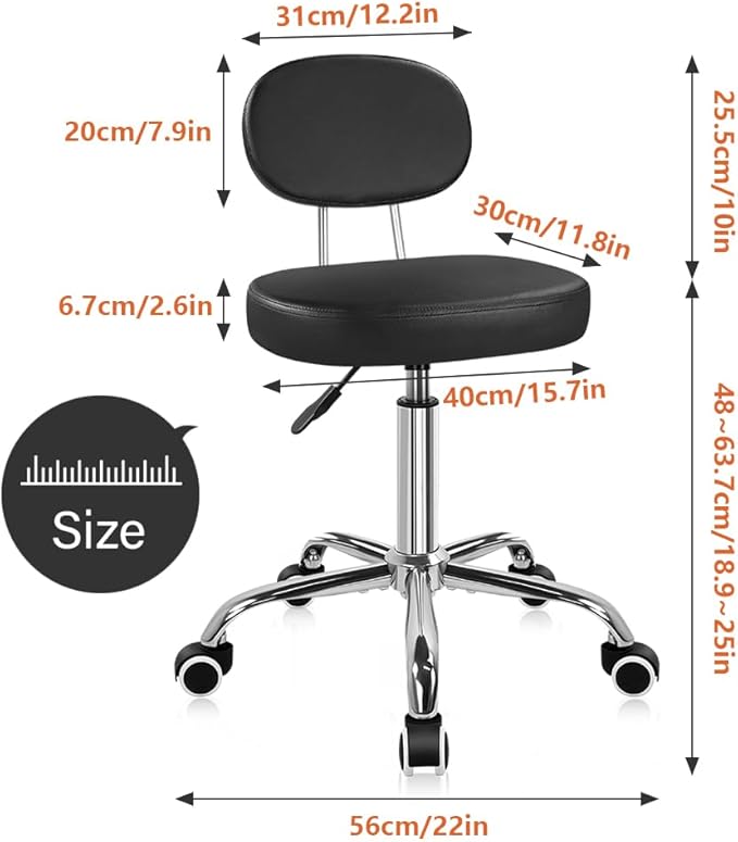 KKTONER Home Office Chair Rolling Stool with Swivel Wheels Adjustable Height Work Chair Matte PU Leather Drafting Stool Chair with Backrest Computer Chair Black