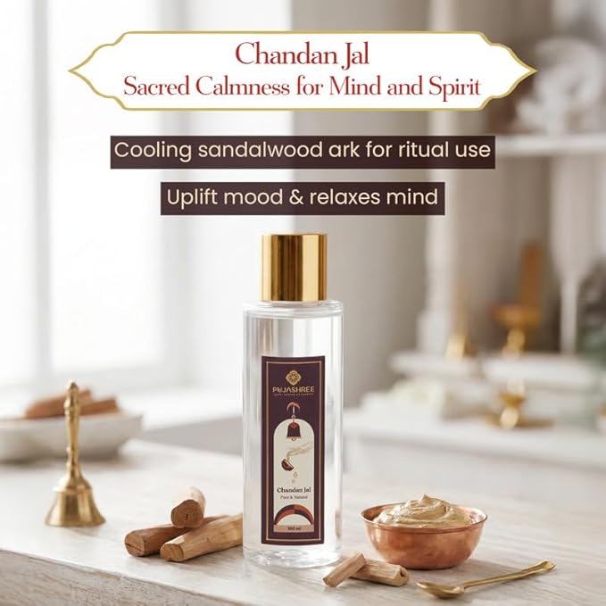 Pujashree 100% Pure Chandan Jal - 100 ML Glass Bottle with Spray Pump | Organic & Natural Sandalwood Water | Soothes, Hydrates Skin & Face Toner | Puja Chandan Sandal Holy Water