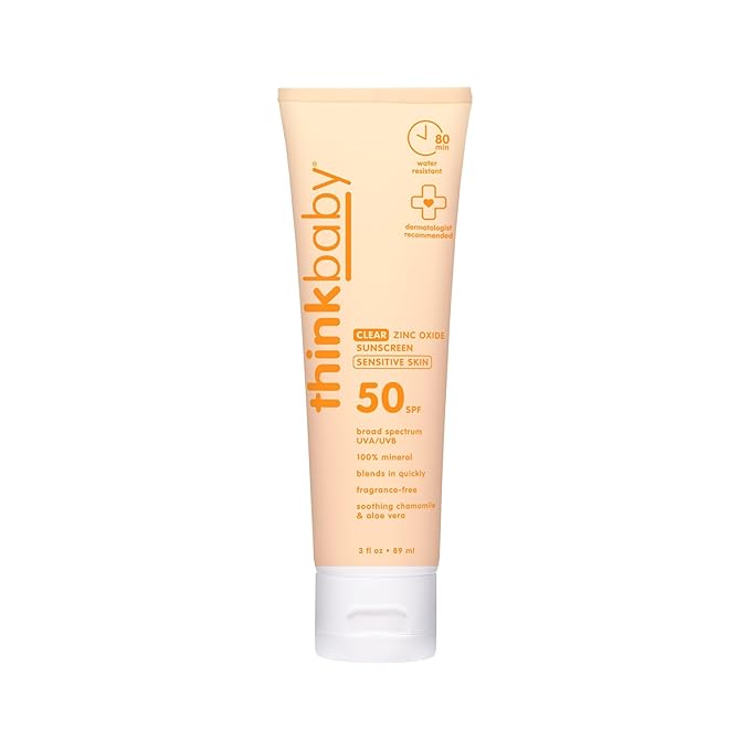 Thinkbaby Baby Sunscreen for Sensitive Skin, 3 Fl Oz, SPF 50 Clear Zinc Oxide Baby Mineral Sunscreen, Broad Spectrum UVA/UVB Protection, Natural, Water Resistant, Reef Safe, Vegan | Natural, Water Resistant, Reef Safe, Vegan