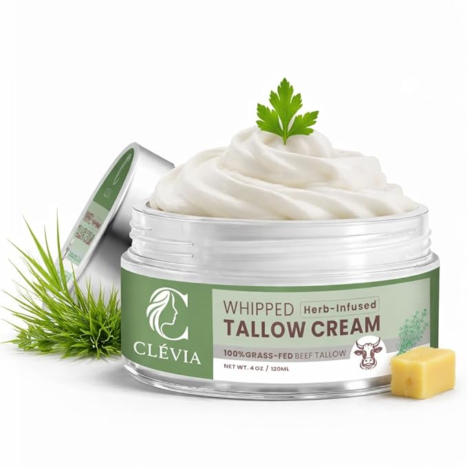 100% Grass-Fed Whipped Tallow Cream - 4 OZ Anti-Wrinkle Face+Body Balm – Organic Beef Tallow with Jojoba Oil – Deep Hydration for Dry, Sensitive & Irritated Skin (Herb-Infused)