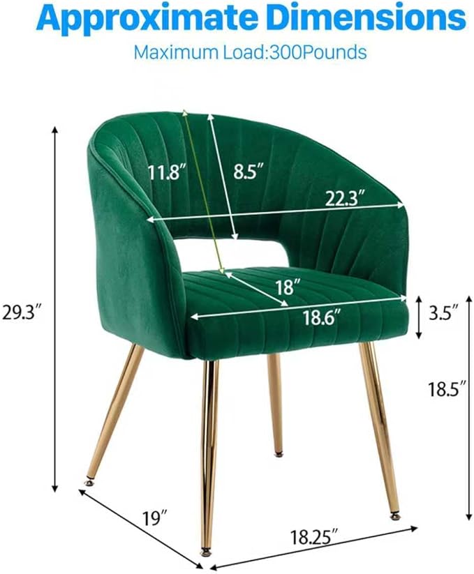 Home Office Chair Velvet Desk Chair Accent Armchair Upholstered Modern Tufted Chairs with Gold Legs for Girls Women Ergonomic Study Seat Computer Task Stools for Living Room(Green)