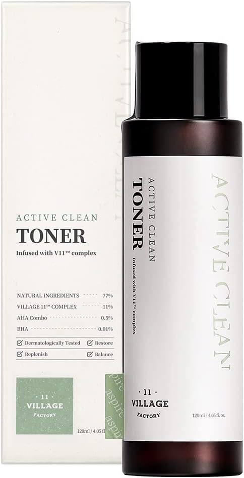 Village 11 Factory Active Clean Toner AHA BHA Acne and Oily Skin Gentle ph Hydrating and Exfoliating Korean Skincare (4.06 fl oz/120ml)