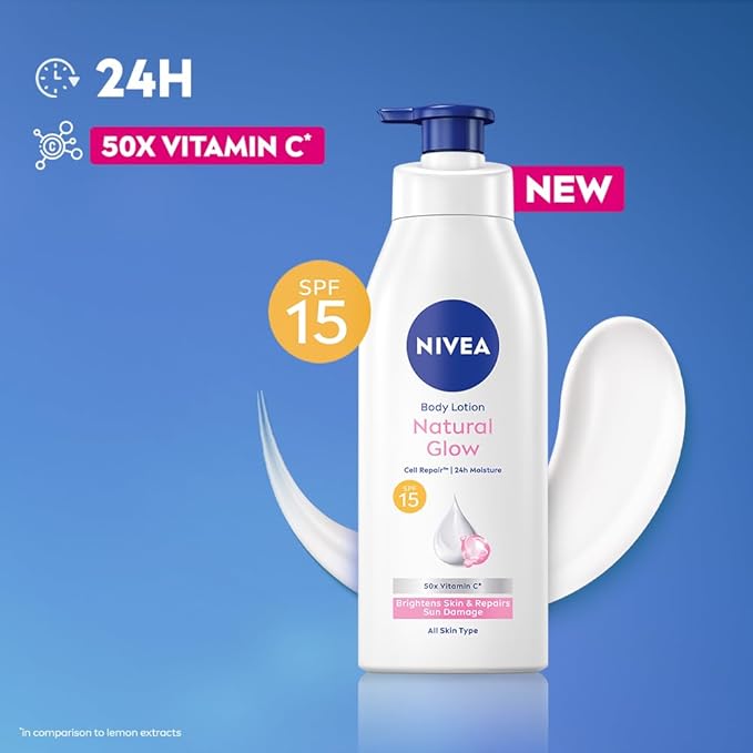 Nivea Natural Glow Cell Repair Body Lotion | With SPF 15 and 50X Vitamin C | 13.52 Fl Oz | Pack of 1
