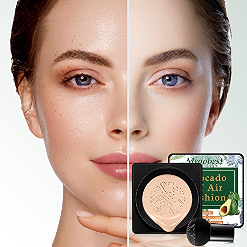 Mroobest BB Air Cushion, Avocado BB Cream, CC Cream, All-Day Lasting Nude Makeup Foundation, with Mushroom Air Cushion, Even Skin Tone Makeup Base, Easy to Apply, Thin, Moist