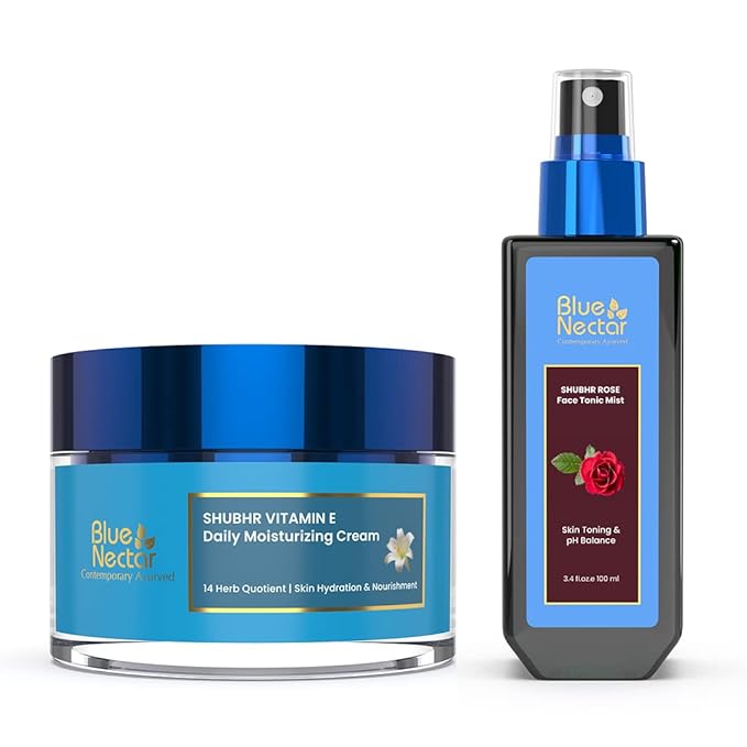 Blue Nectar Daily Face Moisturizer with Natural Vitamin E & Vitamin C for Women (1.7 Fl Oz) Natural Rose Face Toner for Glowing Skin & Pore Tightening(3.38Fl Oz)