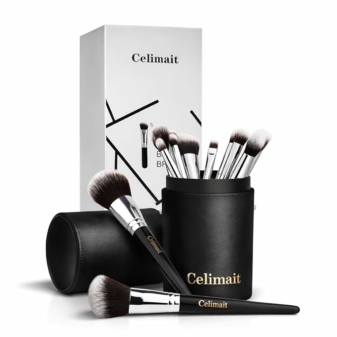 Makeup Brushes Set Professional & Beginner Friendly with Uniquely Designed Case, Soft Synthetic Bristles for Foundation Contour Blush Concealer Highlight Blending Eyeshadow, 12Pcs(Dark Black)