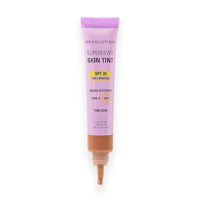 Revolution Superdewy SPF 30 Skin Tint, Tinted Mineral Face Foundation, Buildable Coverage for Facial Glow, 12% Zinc Oxide, Vegan & Cruelty-Free, Tan Cool