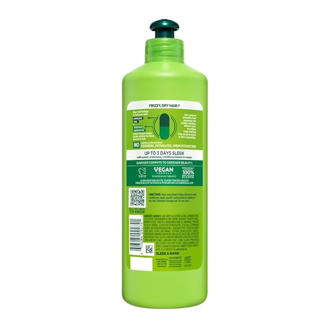 Garnier Fructis Sleek and Shine Intense Smooth Leave In Conditioner, Conditioning Hair Cream for Frizzy, Dry Hair, Plant Keratin + Argan Oil, Value Size, 16.9 Fl Oz
