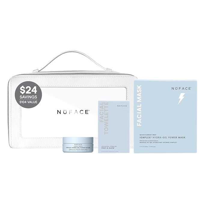 NuFACE Ultimate Glow Skincare Kit - Limited Edition Set with Hydrogel Power Mask, Under Eye Patches, Prep-N-Glow Facial Wipes & Luxe Bag - Hydrating Skincare to Prep for Microcurrent (4ct)