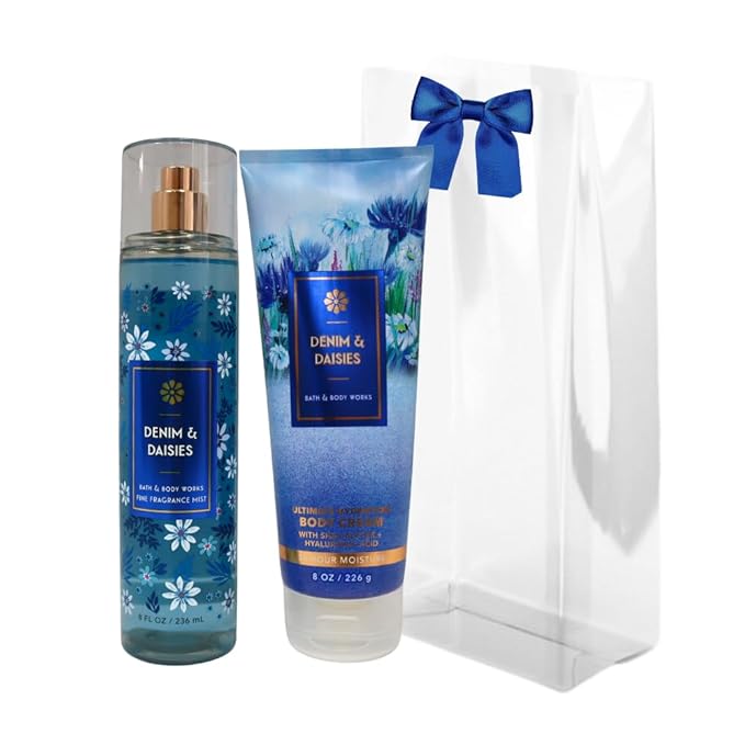 Bath & Body Works DENIM & DAISIES Mist & Body Cream 2-piece Gift Set with a Blue Bow for Holidays & Gifts