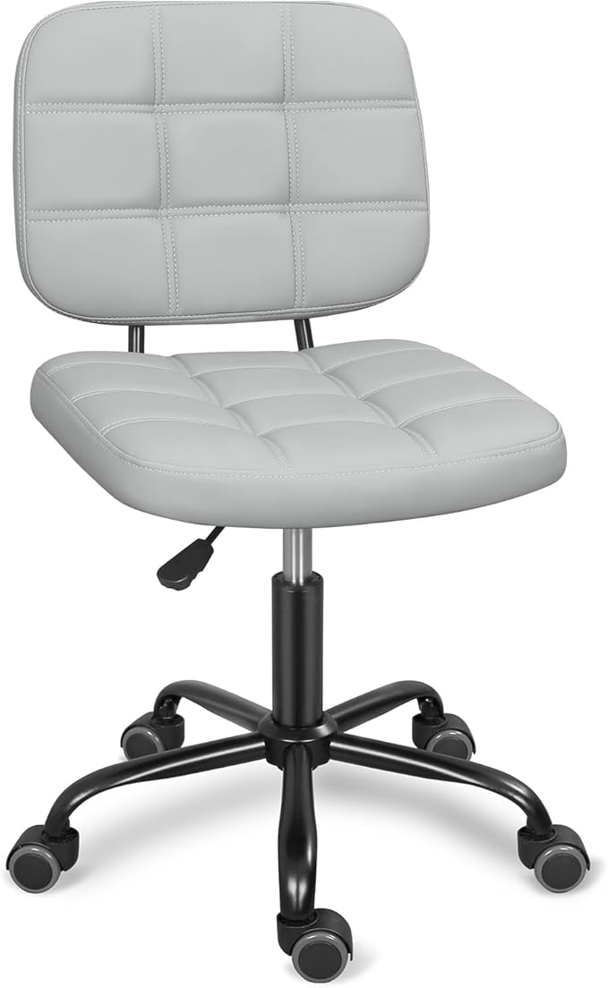 Armless Home Office Desk Chair with Wheels, Modern Ergonomic Drafting Rolling Chair with 360° Swivel Wheels,Height Adjustable Computer Task Chairs for Small Space, Light Grey