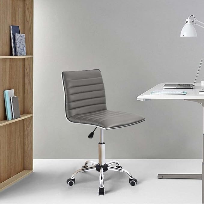 Furmax Vanity Office Desk Chair with Wheels, Armless Small Cute Leather Makeup Computer Task Chair Adjustable Height 360° Swivel (Grey)