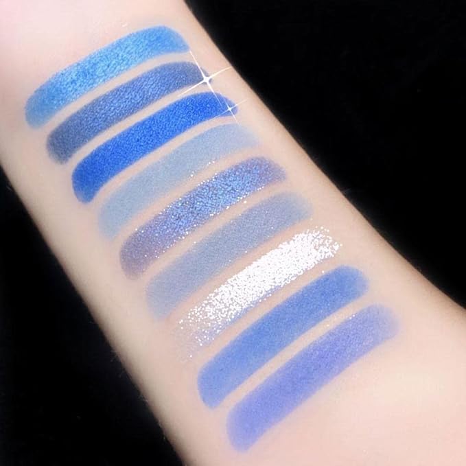 Go Ho 9 Style Blue Grey White Powder Makeup Eyeshadow Palette,Matte & Pearl Shimmer Design Waterproof Cool Blue Eye Eyeshadow Palette for Women&Girls