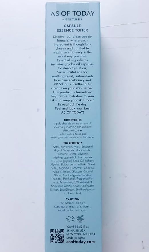 AS OF TODAY Capsule Essence Toner | Hydration, Soothing, Skin Barrier & Even Tone | with Niacinamide, Jojoba Oil Capsules, Scutellaria & D-Panthenol | Clean Beauty