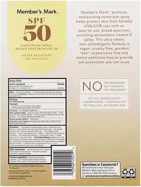 Member Mark SPF 50 Sunscreen Spray, Broad Spectrum, Water Resistant 80 Minutes, Vegan, 3 Cans, 27.3 oz