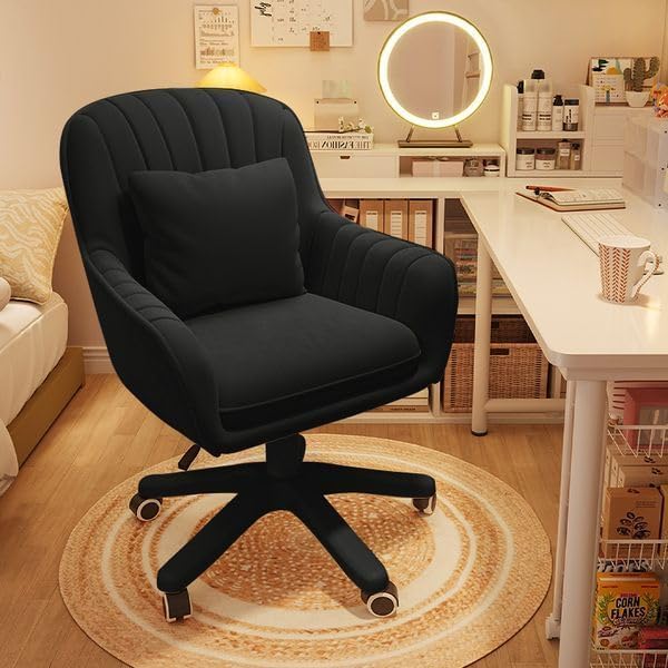 Velvet Desk Chair with Pillow Upholstered Vanity Chair for Girls Women, Home Office Computer Task Chair with Wheels Swivel Rolling Accent Chair for Living Room, Bedroom