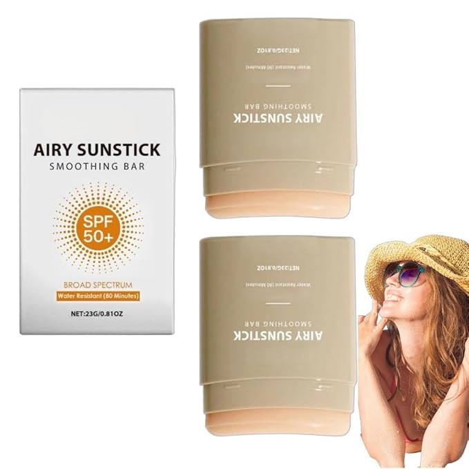 Airy Sunstick Smoothing Bar SPF50+ 0.81oz | Lightweight Non-Greasy Sunscreen Stick for Face & Body | Water-Resistant, Portable Sun Protection for Outdoor & Beach (2 Pack)