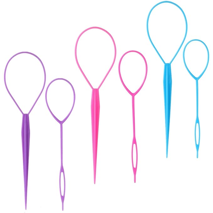Topsy Tail Hair Tool Set - 6pcs Loop Styling Tool, Ponytail Pull Through, Two Sizes, 3 Colors (Pink/Purple/Blue) for Women, Girls & Kids
