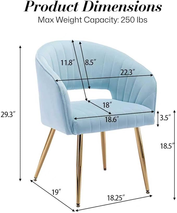 Modern Velvet Vanity Chair, Home Office Desk Chair with Hollow Back, Upholstered Dining Chair with Gold Metal Legs, Comfy Accent Armchair for Living Room Bedroom, Light Blue