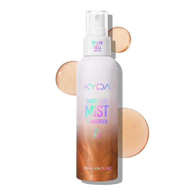 Sheer Body Sunscreen Mist, SPF 45 Ultra-fine Glowing Spray, Lightweight Hydrating Non-Greasy Quick Drying, Infused with Shimmering Radiant Glow Sunscreen Body Oil Mist-Amber,4.06 fl oz