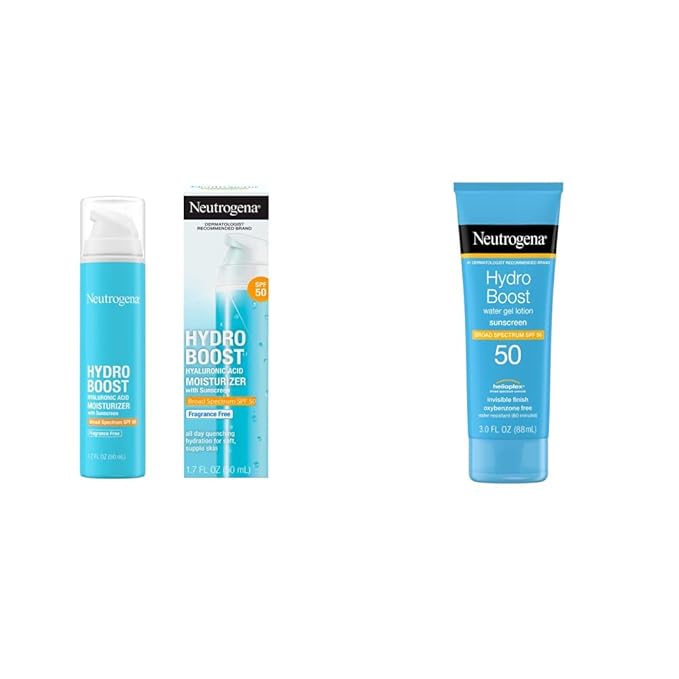 Neutrogena Hydro Boost Water Gel Non-Greasy Moisturizing Sunscreen Lotion with Broad Spectrum SPF 50, Water-Resistant, 3 fl.Oz and Hyaluronic Acid Facial Moisturizer, Fragrance-Free, 1.7 fl. Oz
