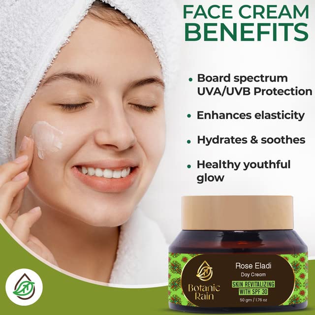 Natural Face Moisturizer With SPF 30 With Rose And Eladi, Organic Sunscreen For Face, Ayurveda Products For Crepey Skin Repair, 1.76 fl oz (Pack of 1)