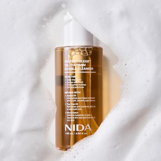 NIDA Perfect Clear™ Oil-To-Foam Double Cleanser | Jojoba Oil, Tea Tree Oil, Rice Extract | Good for Daily Impurities, Excess Sebum, Pore Cleaning, Blackheads, Dirt and Pollutants | 4.90 fl. oz., 145ml