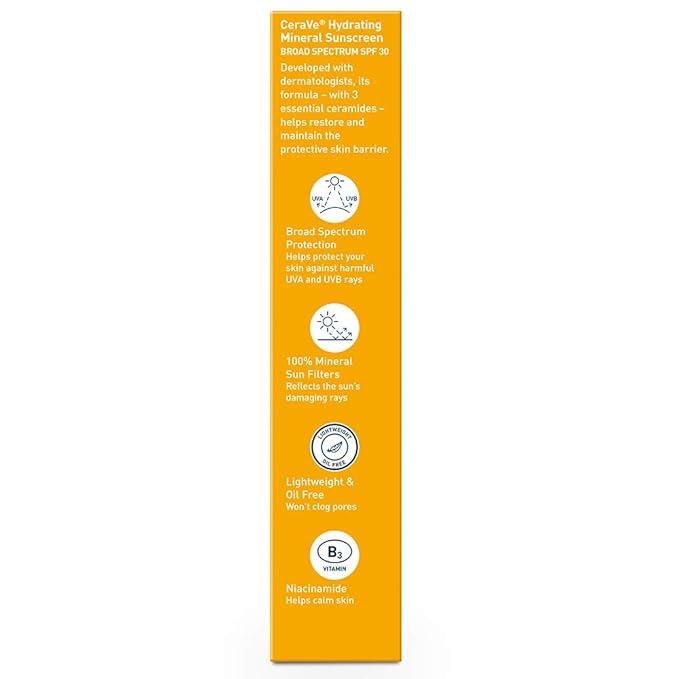 CeraVe 100% Mineral Sunscreen SPF 30, Face sunscreen With Zinc Oxide & Titanium Dioxide, Hyaluronic Acid + Niacinamide + Ceramides, Oil Free, Travel Size 2.5 oz