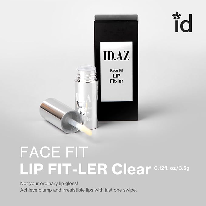 idplacosmetics ID.AZ Face Fit Lip Fit-Ler (Clear) 0.12 fl.oz (3.5 g) — Hydrating, High-Shine Lip Plumper Gloss with Maxi-Lip Peptide Glass-Like Finish, Wear Alone or as Topper Korean Lip Gloss.