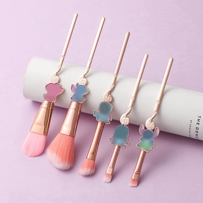 5 Pcs stitchs Makeup Brushes Set with Brushes Holder, Blue Big Eyes Alien Cartoon Makeup Brushes Set, Gifts for Women Girls