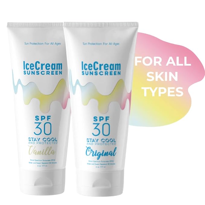 IceCream Sunscreen, Body & Face Lotion Sunblock SPF 30 Moisturizer, Water & Sweat-Resistant, Reef-Friendly & Cruelty-Free, 6oz (177ml) - Original & Vanilla Scent (Pack of 2)