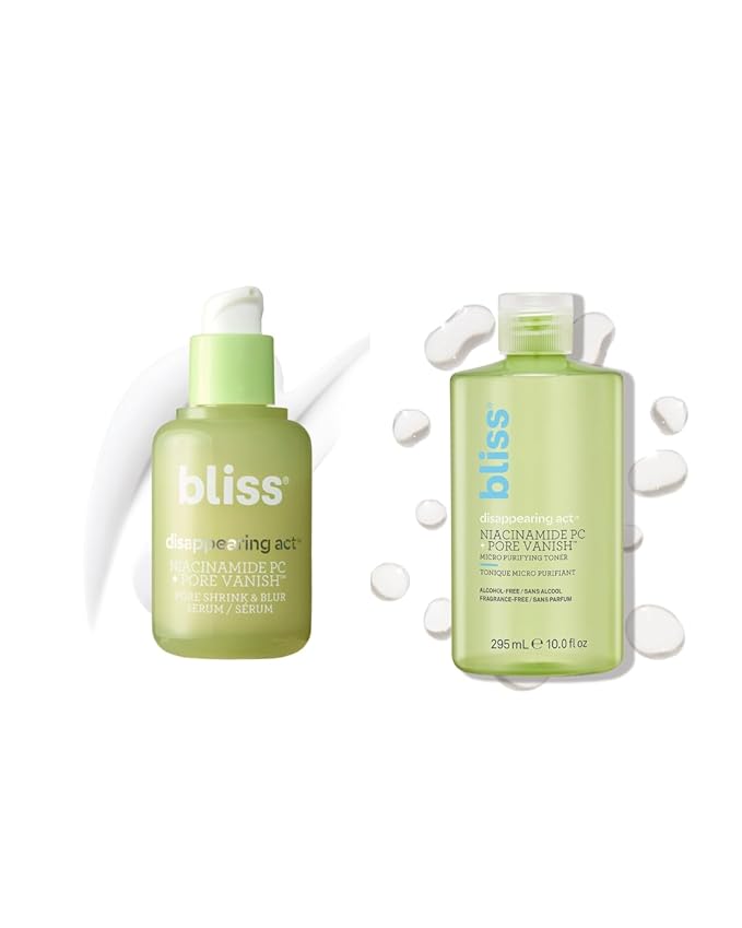 Bliss Disappearing Act Toner + Disappearing Act Pore Serum Duo | Niacinamide, Pore-Minimizing Set for Clear, Smooth Skin