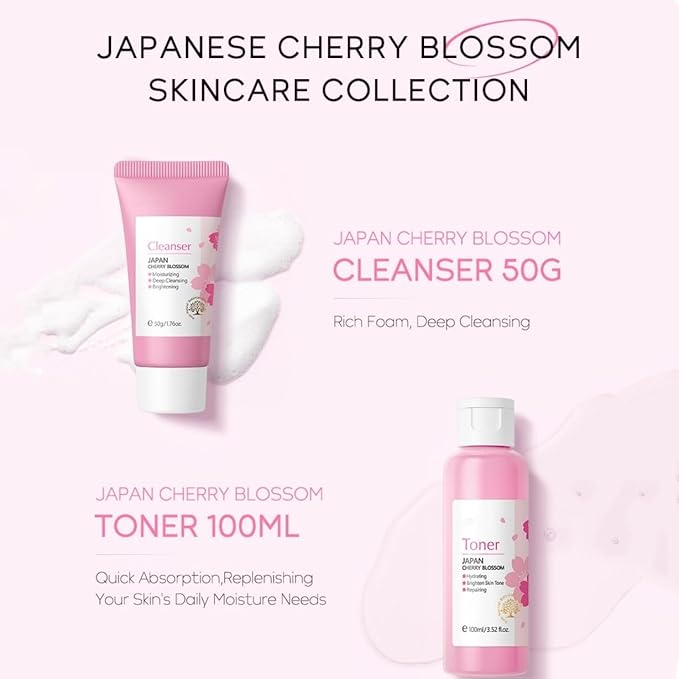 Cherry Blossom Skincare Sets, Skincare Essence Set for Teenage Girls Gift Set, Deeply Hydrate Reduce Fine Lines Includes Cleanser, Toner, Serum Essence, Eye Cream, Face Cream(5PCS)