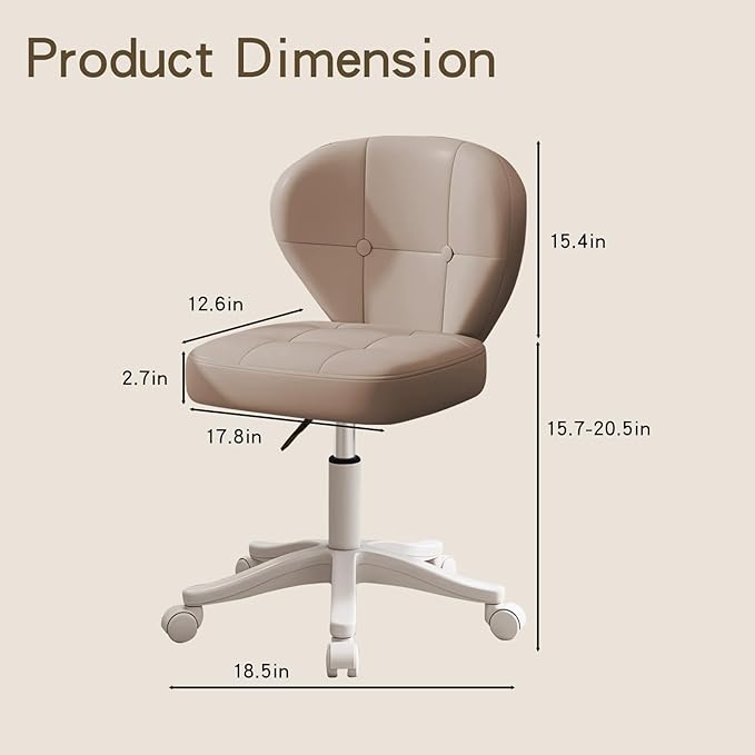 Vanity Chair with Back – Small Armless Office Chair with Wheels, Lumbar Support, PU Leather, Adjustable Height, 360° Swivel for Home, Bedroom, Office (Khaki Set of 1)