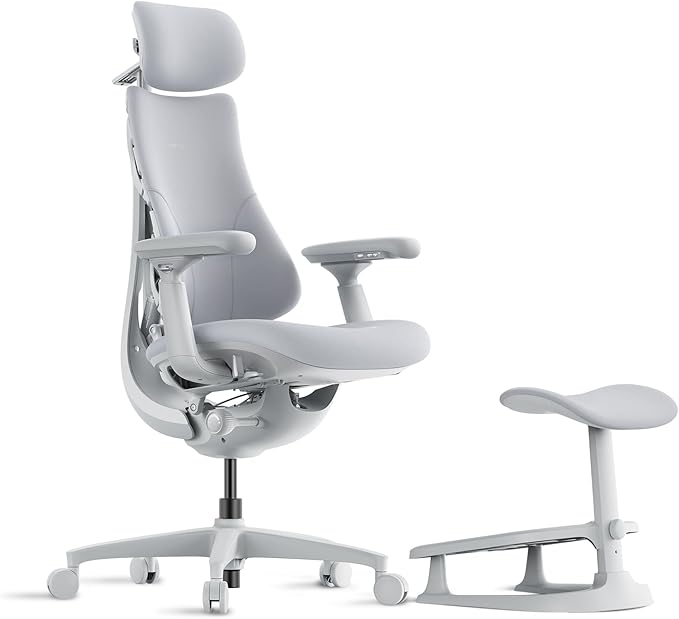 LiberNovo Dynamic Ergonomic Desk Chair + StepSync Footrest Bundle - Comfy Home Office Chair with Adaptive Lumbar Support, 160° Recline & Built-in Spine Stretch, Gray+48cm