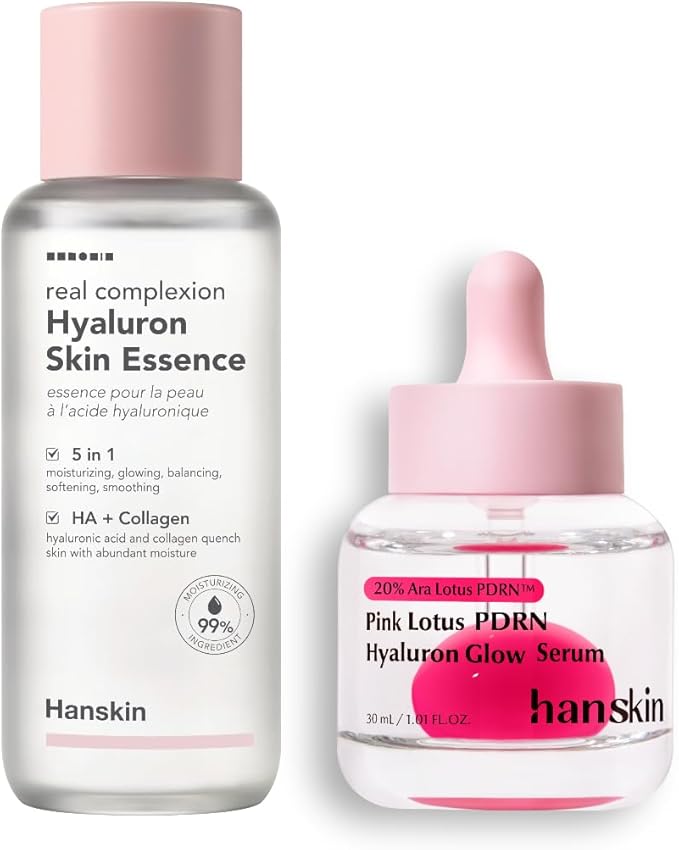 Hanskin PDRN Glow Prep Duo – Hyaluron Essence Toner & Pink Lotus Vegan PDRN Serum | 2-Step Hydration, Plumping & Radiance Boost Routine for Glass Skin | Korean Skincare Set