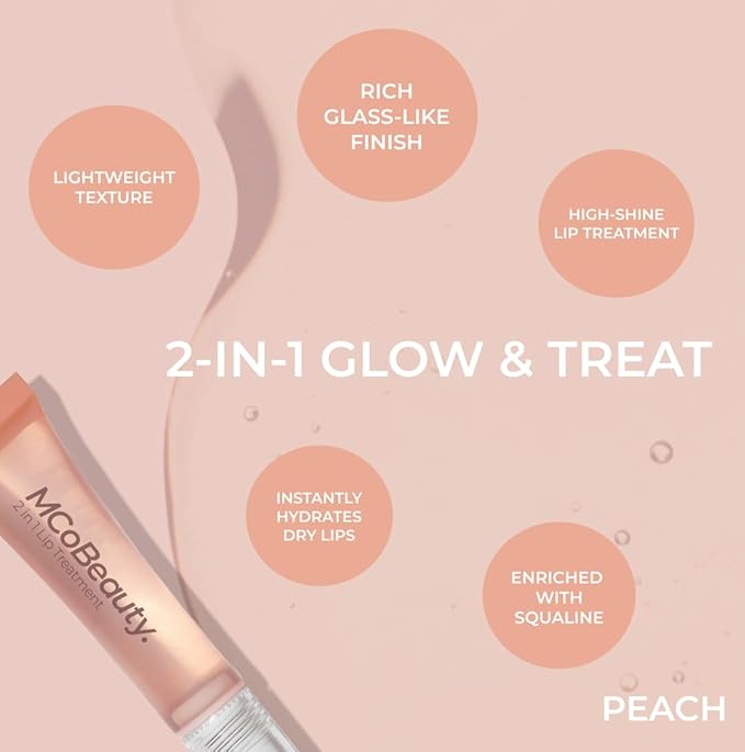 MCoBeauty Glow and Treat 2-in-1 Lip Treatment Peach - Tinted Lip Oil with Squalane Roller Ball Applicator - Glossy Moisturizing Lip Balm Gloss for Dry Lips - Vegan Cruelty Free Lip Care - 10ml