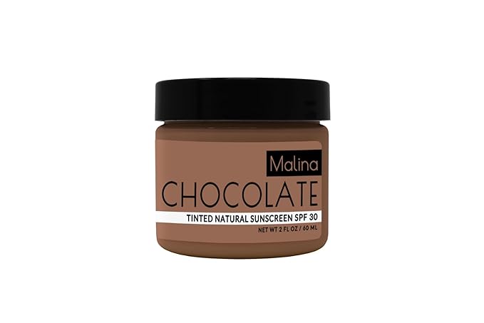 Malina™ Organic Chocolate Tinted Natural Sunscreen | SPF 30+ | Nontoxic | Reef-Safe | No Preservatives | No Synthetic Fragrance | 3 Shades | With Non-Nano Zinc-Oxide (2 Fl Oz, Dark)