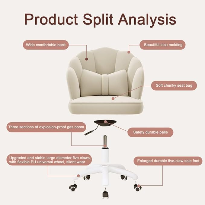 Vanity Chair with Wheels Velvet Petal Desk Chair Upholstered Tufted Home Office Chair for Women Girls, Height Adjustable Makeup Task Chair for Bedroom Living Room