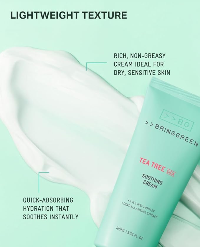 BRING GREEN Tea Tree Cica Soothing Cream Plus 100ml Korean Skin care, calming and soothing, moisturizer for skin, facial cream, trouble care, Blackhead Removing Pore care (Pack of 1)