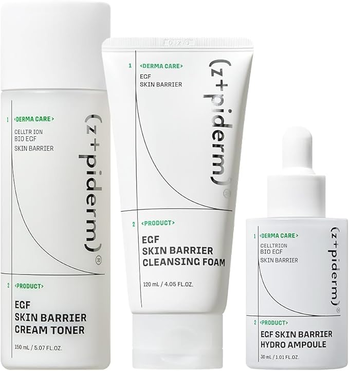Zipiderm EGF Skin Barrier Cleansing & Hydration Routine – Deep Cleansing Foam + Cream Toner + Hydro Ampoule Serum, Korean 3-Step Cleanse–Soothe–Hydrate Set for Sensitive, Acne-Prone & Dry Skin