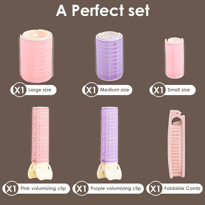 WALLFID Hair Roller Set 6 Pcs for Medium Long Hair, Includes 3 Curling Irons, 2 Volumizing Root Clips, 1 Comb (Volumizing Bangs Curler Set for Women)