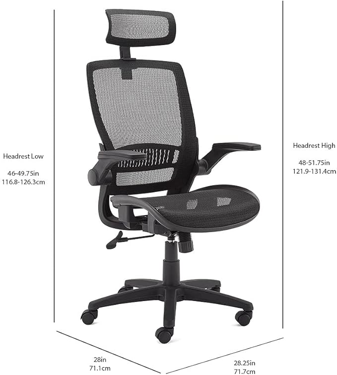 Amazon Basics Ergonomic High-Back Office Chair, Breathable Mesh, 360° Swivel, Easy to Assemble, Comfortable Flip-Up Armrests, 25.5"D x 26.25"W x 49.25"H, Black