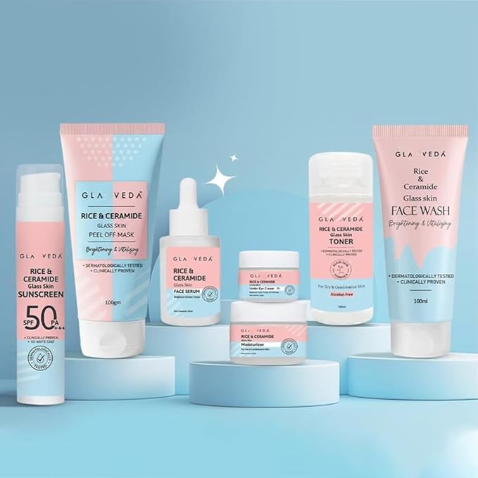 Gla veda Korean 7 Step Winter Skincare Kit for Women | Rice & Ceramide Routine | Gift Box | Skin Brightening, Anti-Ageing | Face Wash+Toner+Moisturizer+Serum+Mask+Sunscreen+Under Eye Cream
