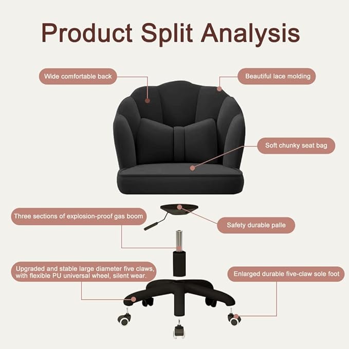 Vanity Chair with Wheels Velvet Petal Desk Chair Upholstered Tufted Home Office Chair for Women Girls, Height Adjustable Makeup Task Chair for Bedroom Living Room