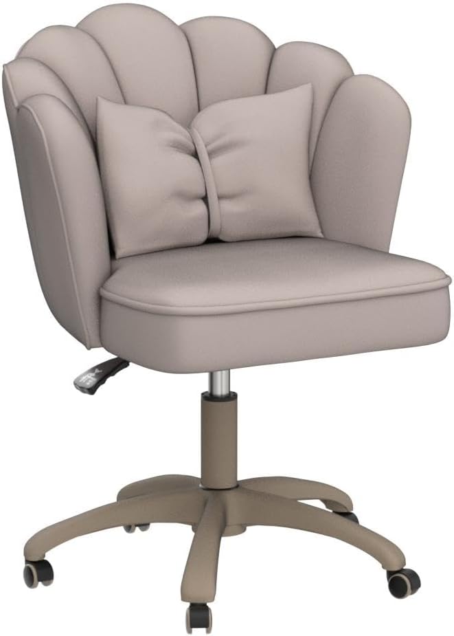 Petal Desk Chair with Bow Cushion Velvet Vanity Chair with Wheels, Upholstered Home Office Chair for Girls Women, Mid-Back Swivel Computer Task Chairs for Living Room Bedroom